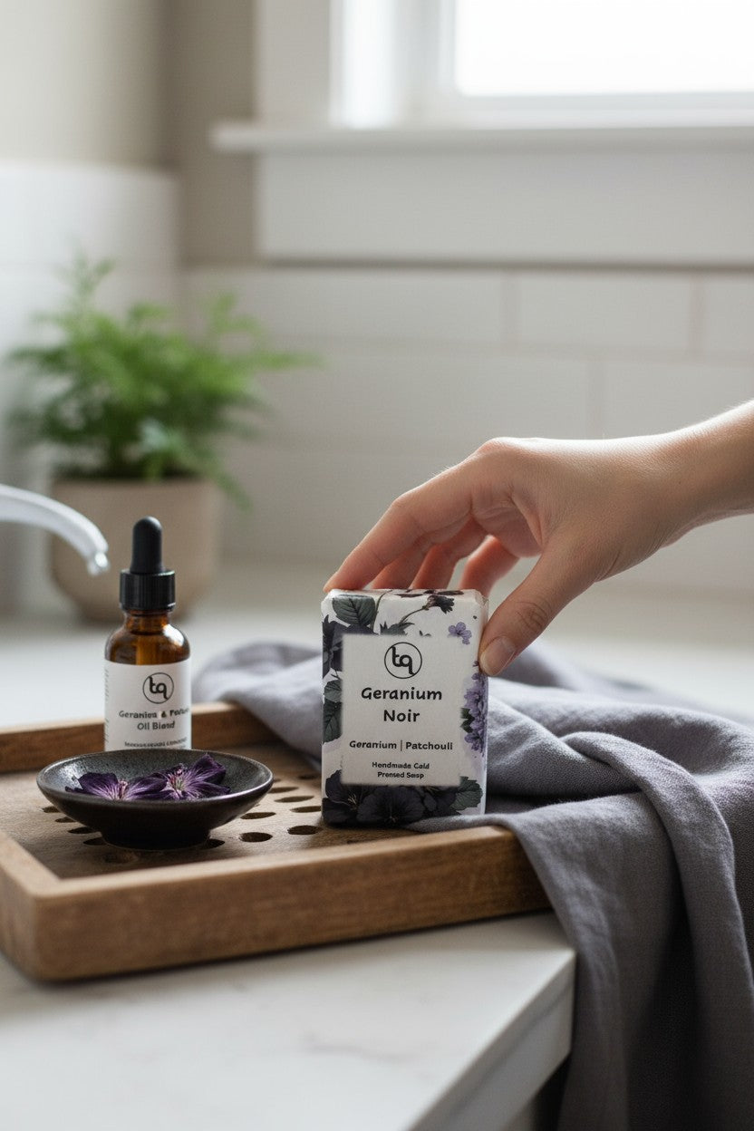 Geranium Noir soap on a wooden tray with a dropper bottle, dried petals and a hand reaching toward it.