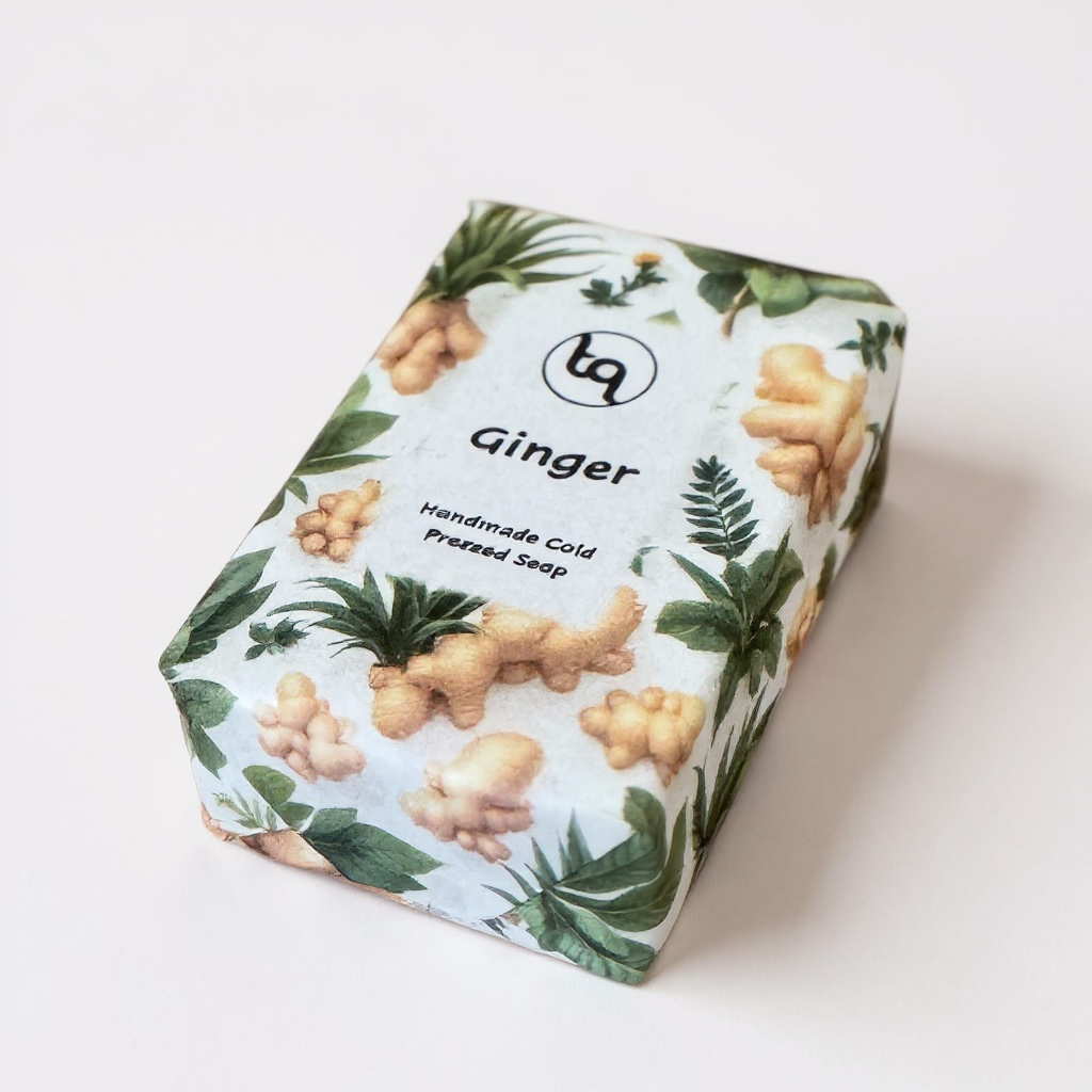 Handmade cold‑pressed ginger soap bar wrapped in botanical packaging from TrueQuest Soap laying flat