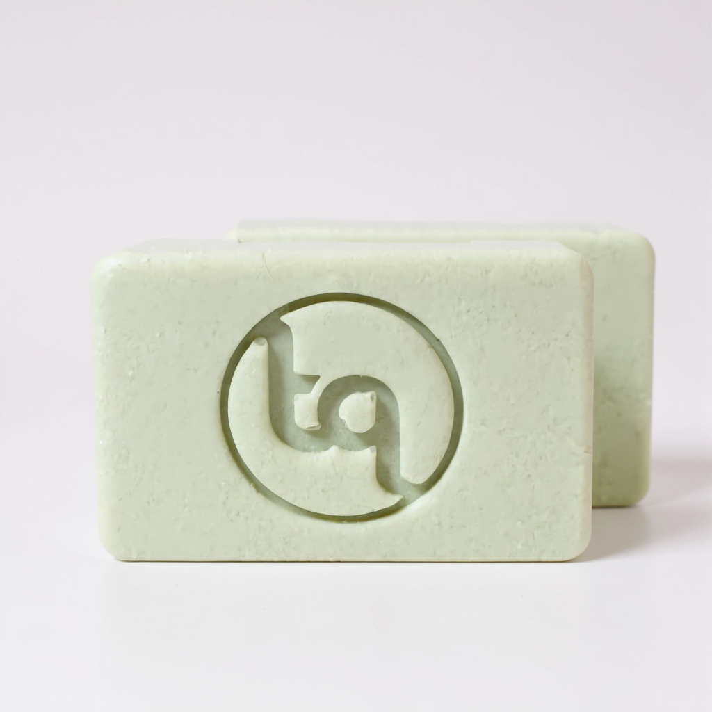 Light green handmade soap bars with an engraved ‘tq’ logo from TrueQuest Soap.
