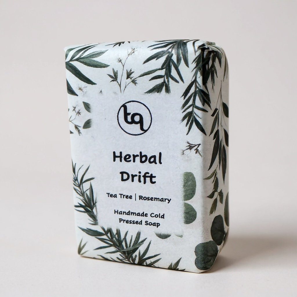Truequest Herbal Drift cold pressed soap wrapped in green botanical paper with tea tree and rosemary design.