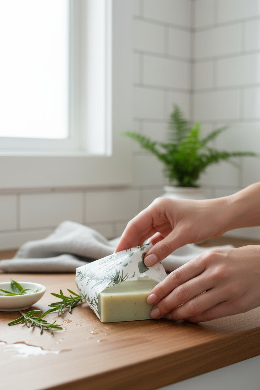 hands unwrapping a truequest herbal drift cold pressed soap bar on a wooden counter with rosemary nearby.