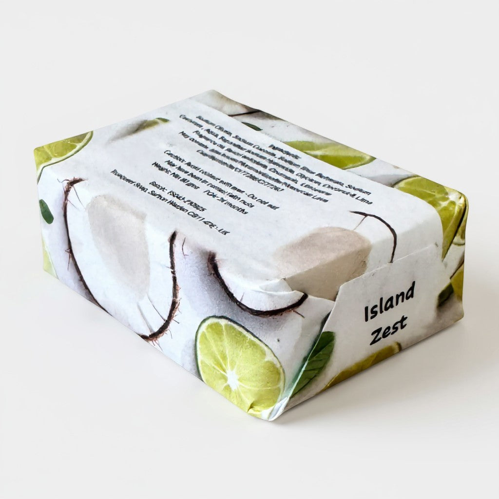 Truequest Island Zest bar soap with coconut and lime design. Cold-pressed, handcrafted with olive, coconut, castor oil, and shea butter.