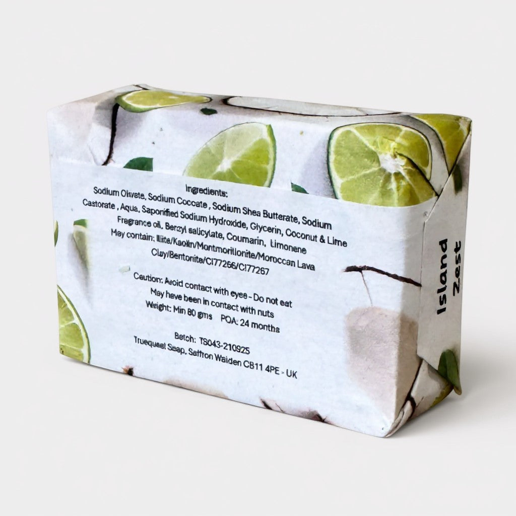 Truequest Island Zest bar soap with coconut and lime fragrance, made with olive, coconut, castor oil and shea butter.
