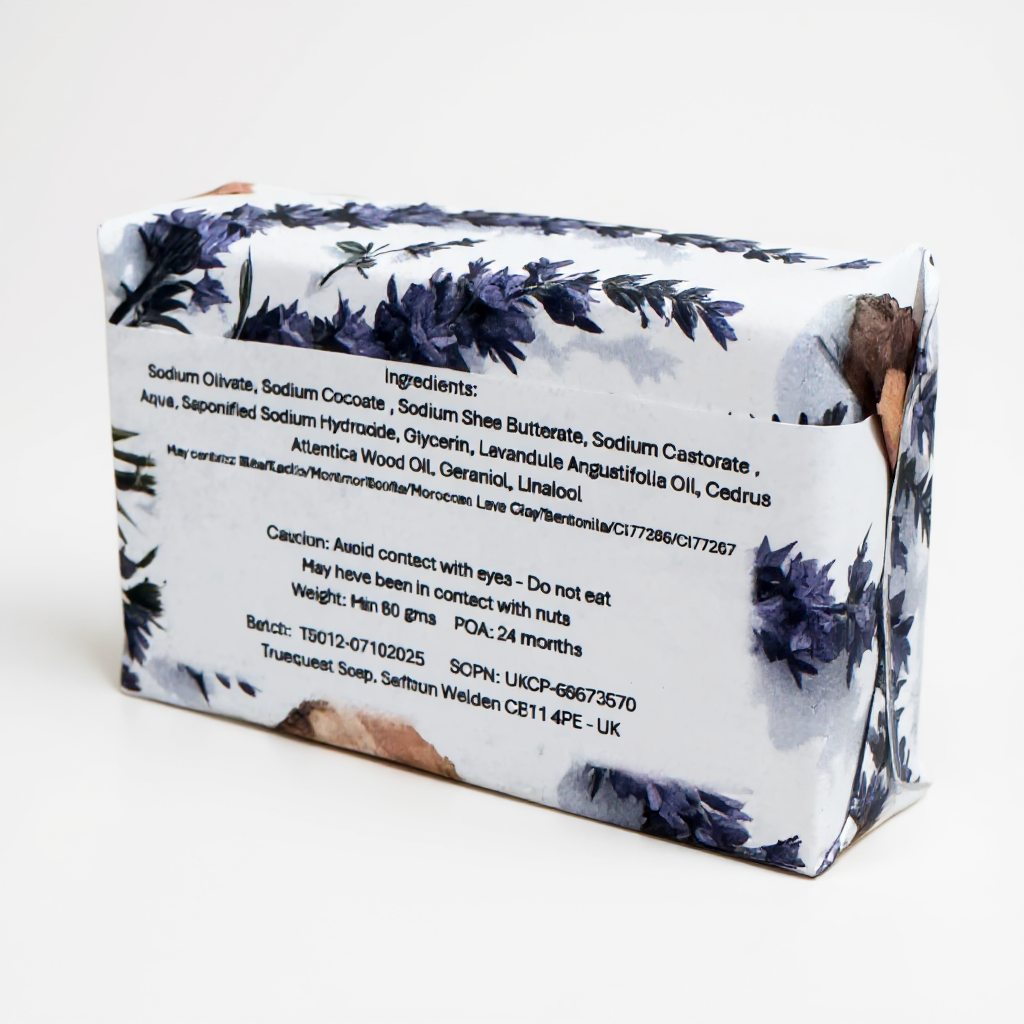 Truequest lavender and cedar wood bar of soap with floral design and ingredient list on a white background