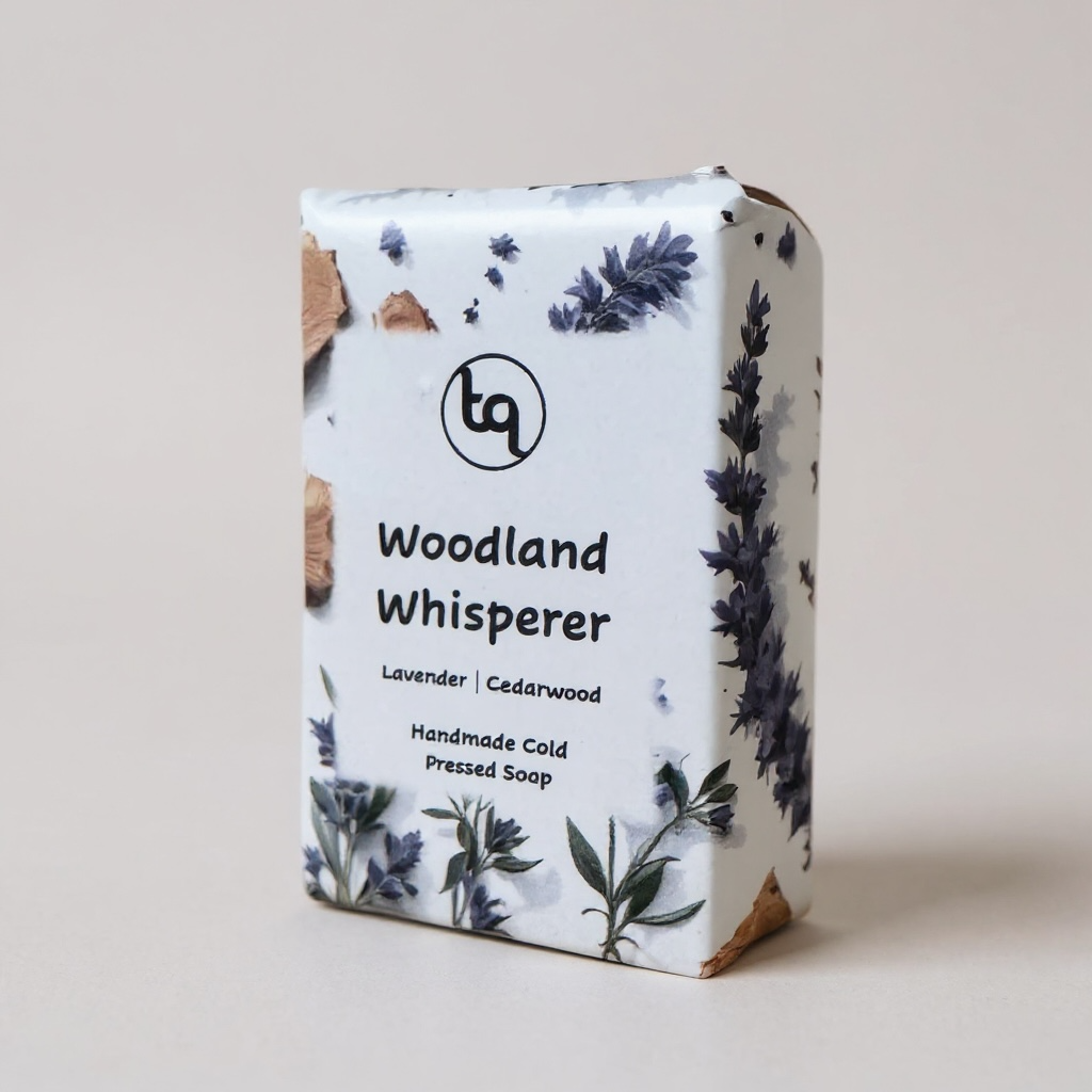 Truequest Woodland Whisperer cold pressed soap wrapped in white recyclable paper with lavender and cedarwood illustrations.