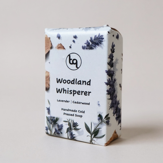 Truequest Woodland Whisperer cold pressed soap wrapped in white recyclable paper with lavender and cedarwood illustrations.