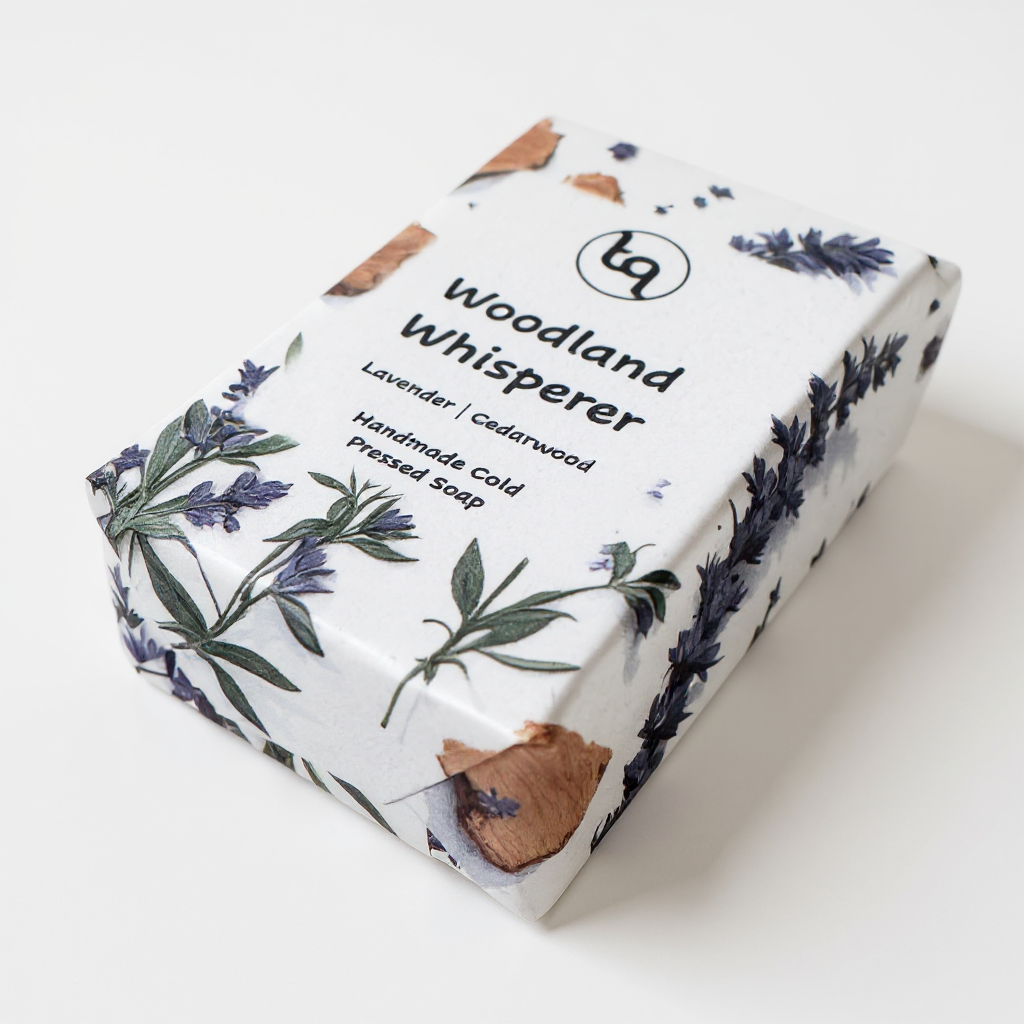 Soap bar with 'Woodland Whisperer'  lavender and cedarwood packaging on a white background