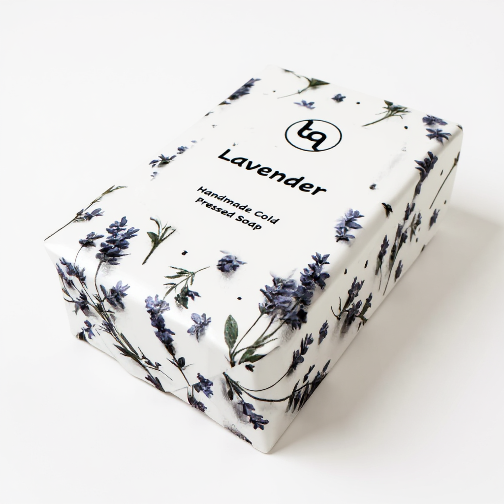 Truequest lavender cold‑pressed soap packaged in a white box decorated with purple flower stems and green leaves.