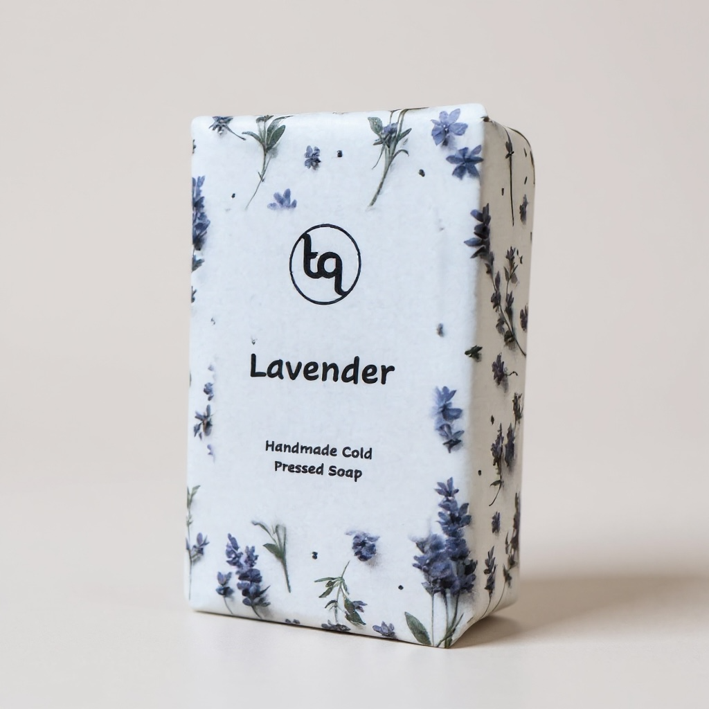 Truequest lavender cold‑pressed soap wrapped in white paper decorated with small purple floral illustrations.
