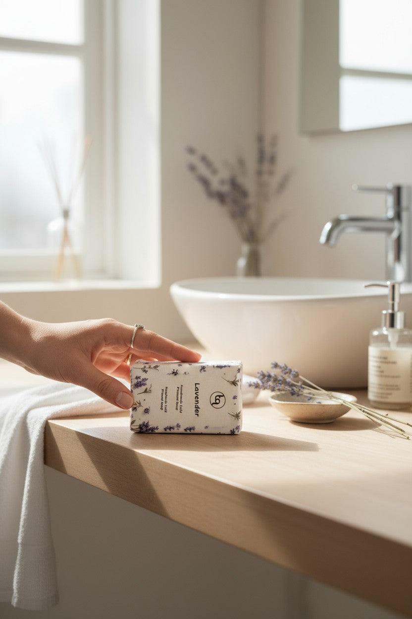 A hand reaching for a Truequest lavender soap wrapped in floral paper on a bathroom counter beside dried lavender and a pump bottle
