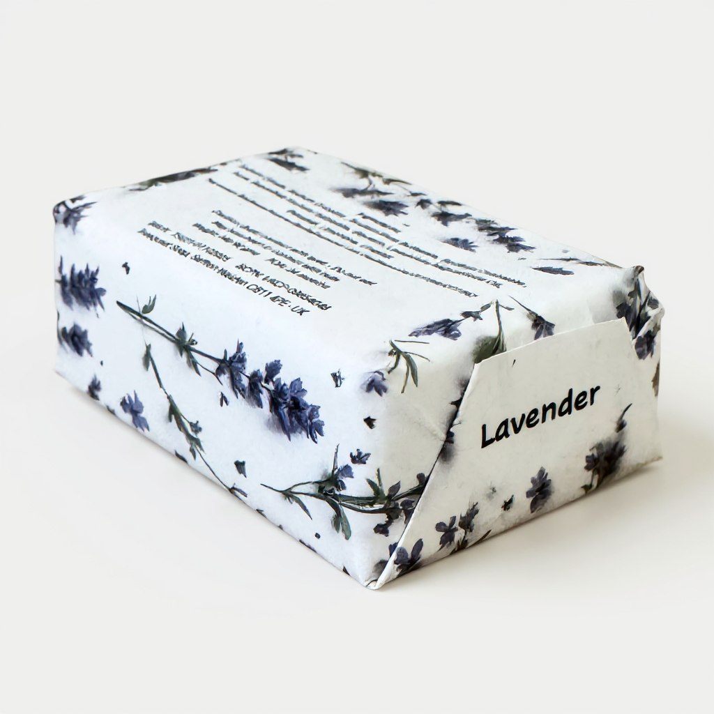 Truequest lavender soap wrapped in white paper printed with purple flower stems and green leaves.