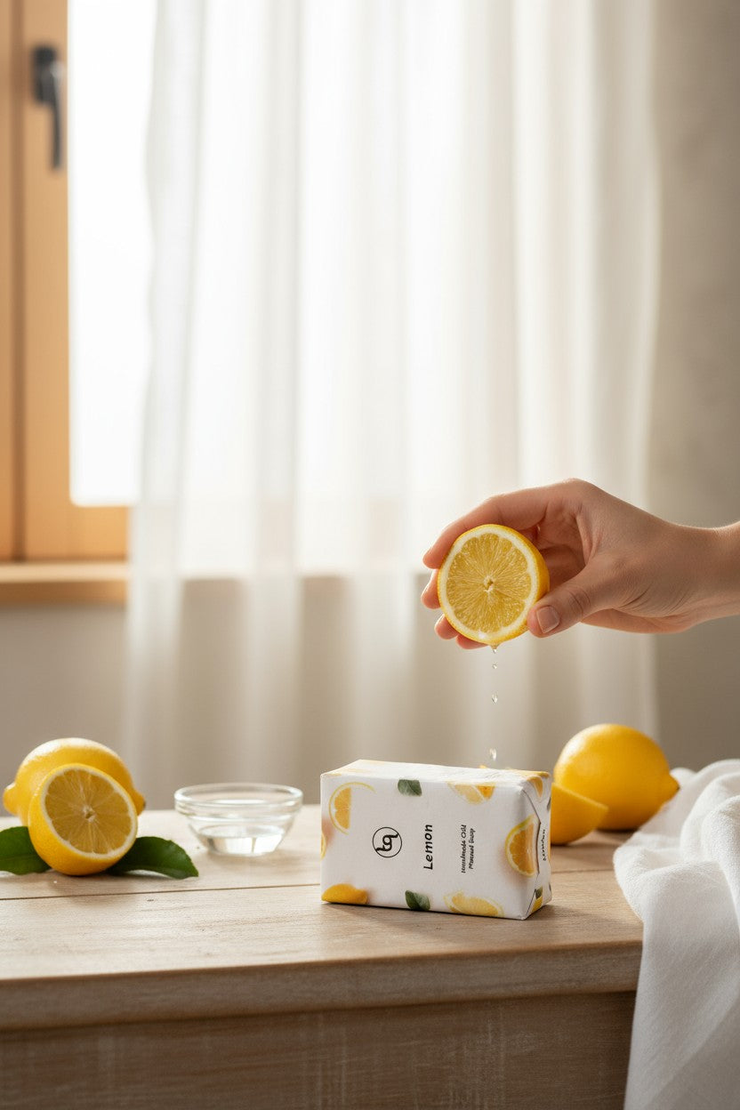A hand squeezing a lemon over a Truequest lemon‑themed soap box on a wooden surface with whole lemons and a small glass bowl