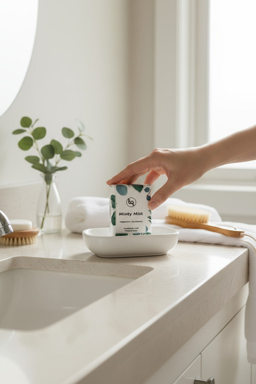 Truequest Minty Mist cold pressed soap bath soak packet being placed into a white dish in a calm bathroom setting.