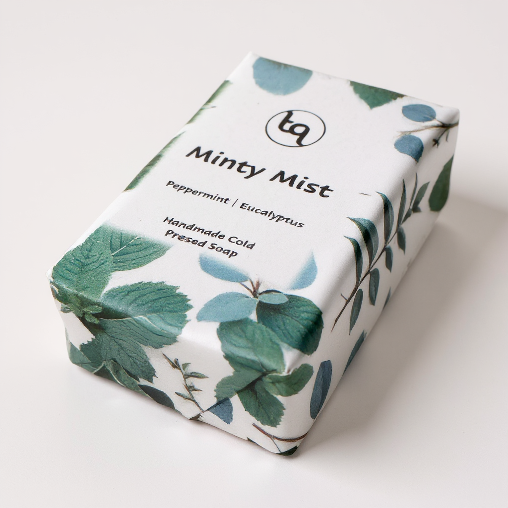 Truequest Minty Mist cold pressed soap wrapped in white paper with green mint and eucalyptus botanical illustrations.