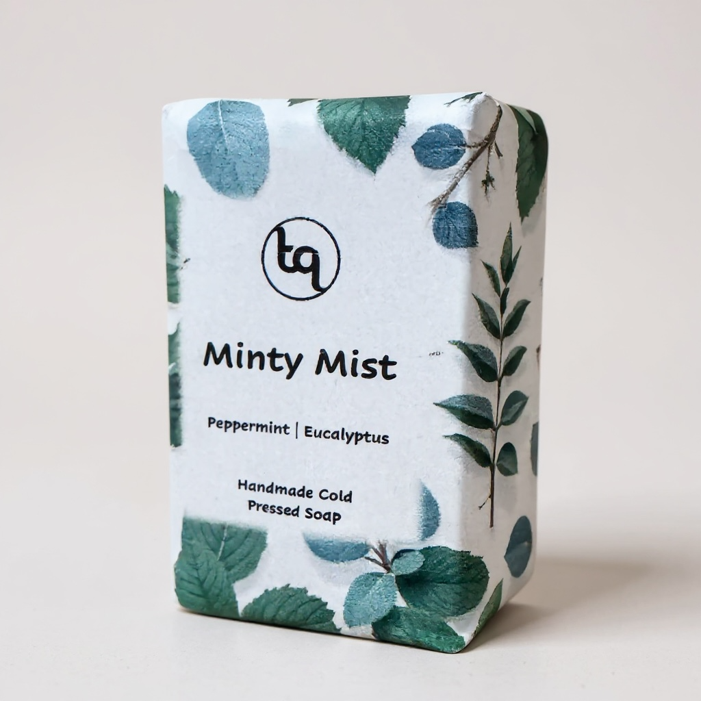 Truequest Minty Mist cold pressed soap wrapped in green leaf patterned paper scented with peppermint and eucalyptus.