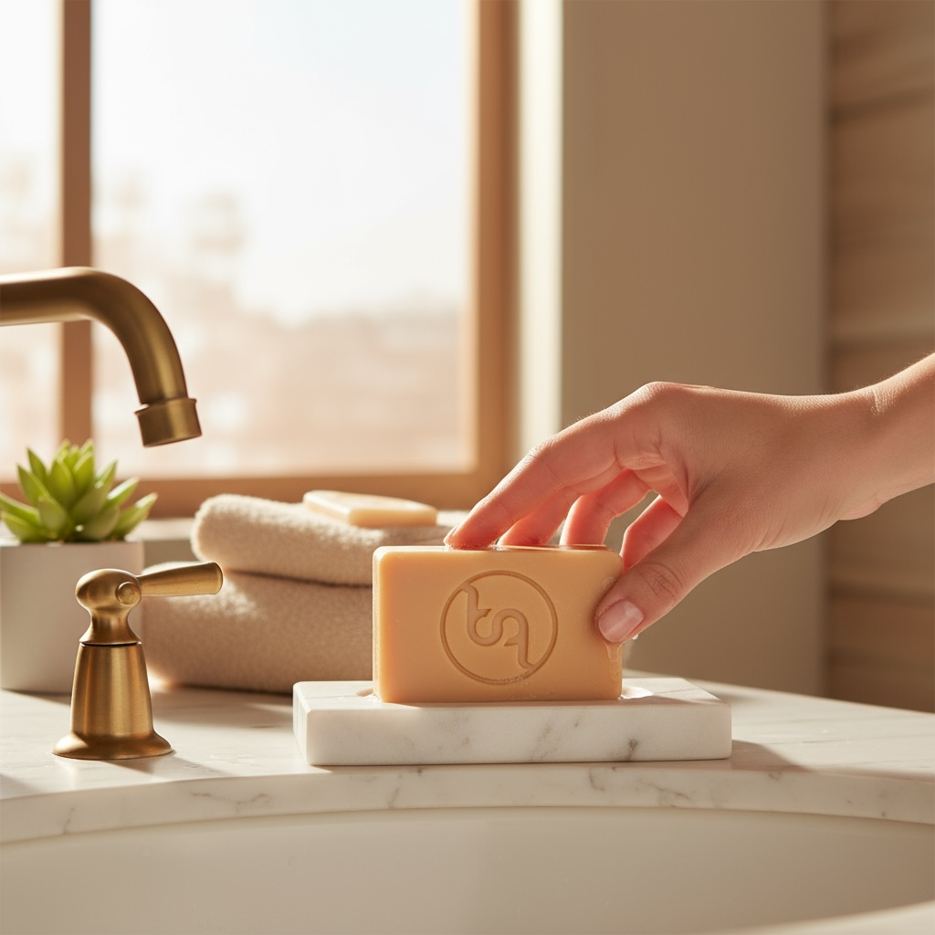 Hand holding a peach coloured bar of soap on a marble surface near a bathroom sink