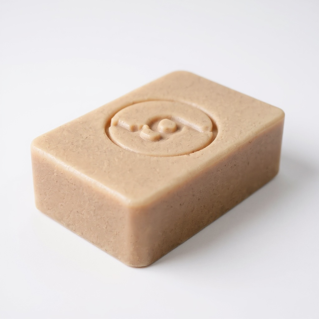 Peach bar of soap with a circular Truequest logo on a white background