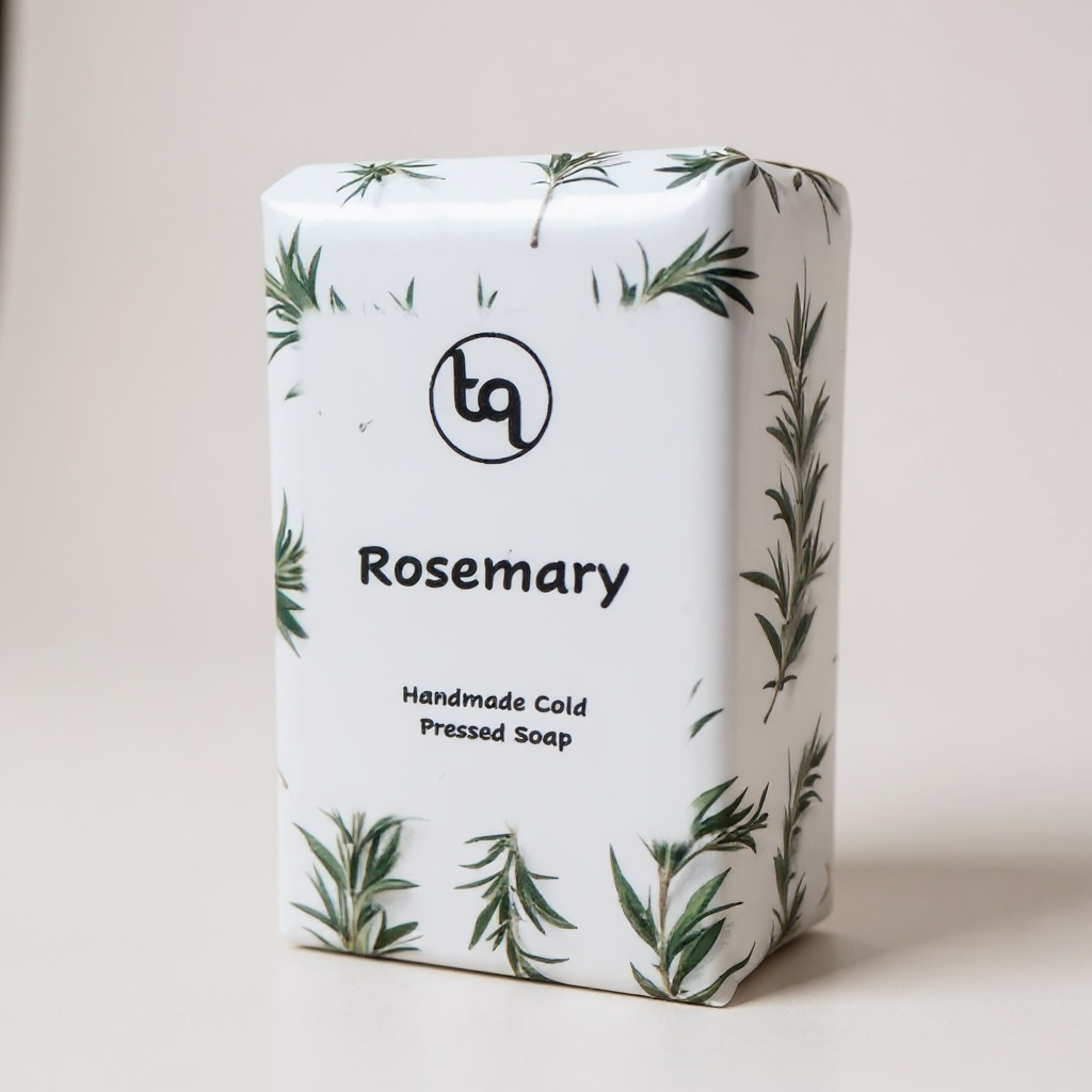 Handmade cold‑pressed rosemary soap bar wrapped in white packaging with green sprigs from TrueQuest Soap.