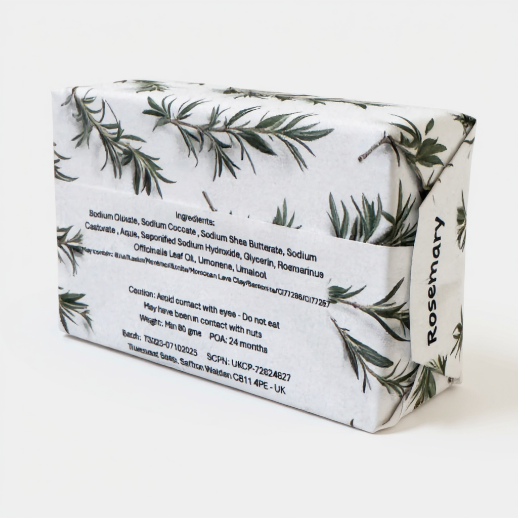Ingredients label of TrueQuest handmade cold‑pressed rosemary soap with botanical white packaging.