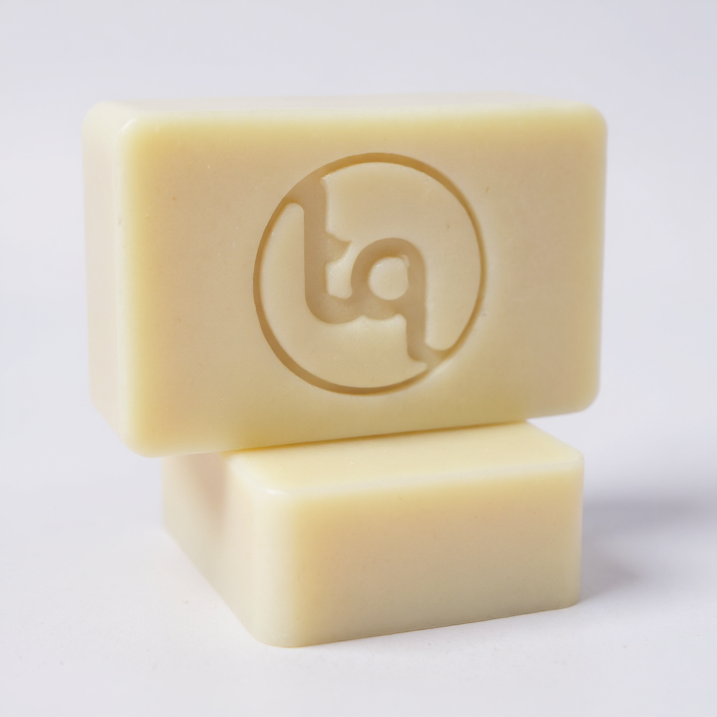 Two light cream Truequest soap bars stacked together, with the top bar showing an embossed circular tq emblem.