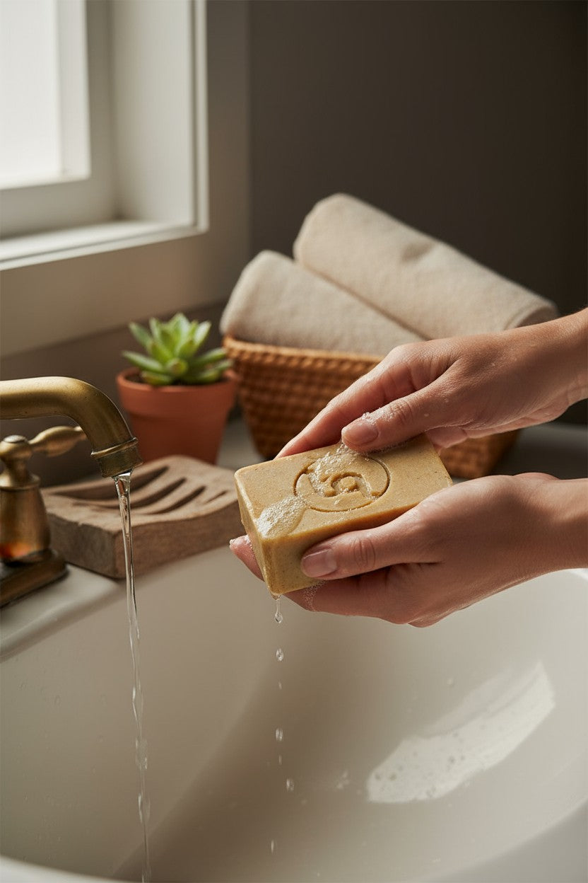 Person holding a bar of Truequest peach coloured soap over a sink with water running