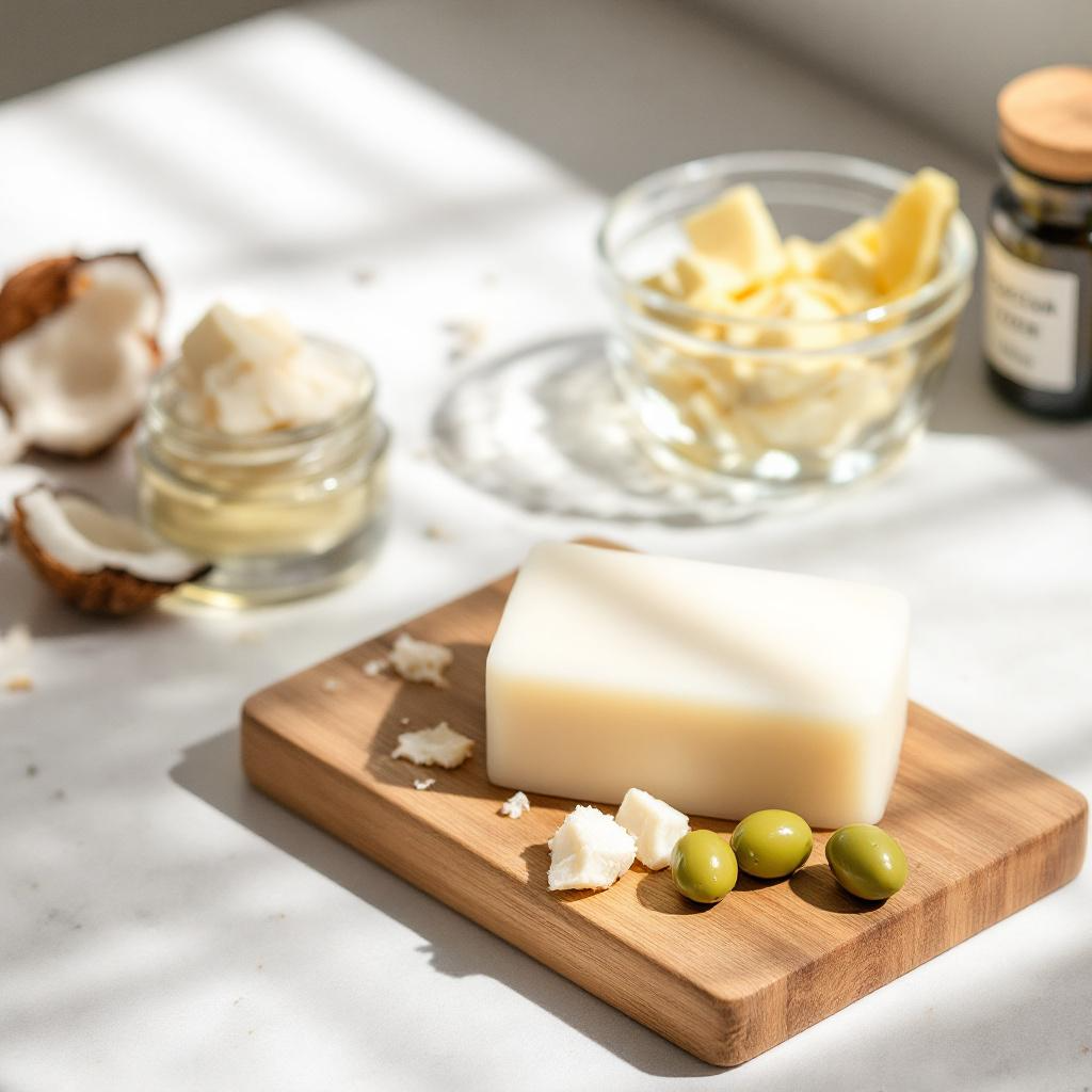 Bar of unfragranced and uncoloured natural Truequest soap on a wooden board with olives and a coconut on a light background