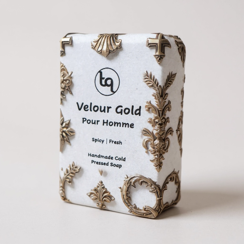 Bar of Velour Gold soap with decorative packaging and Truequest branding on a light background